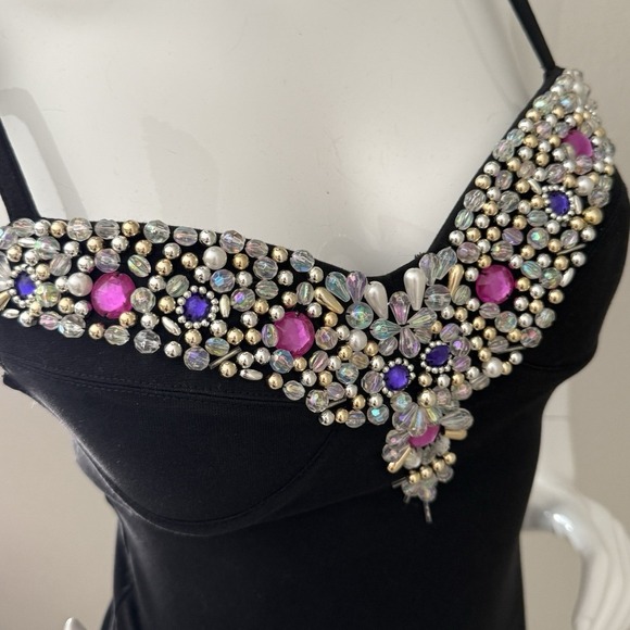 Vintage 90s Contempo Strappy Bodycon Mini Dress S Black Bejeweled Party Clubwear - Picture 6 of 16